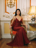 Beautiful Back Burgundy Satin Mermaid V-Neck Backless Ankle-Length Bridesmaid Dress - Curvevia