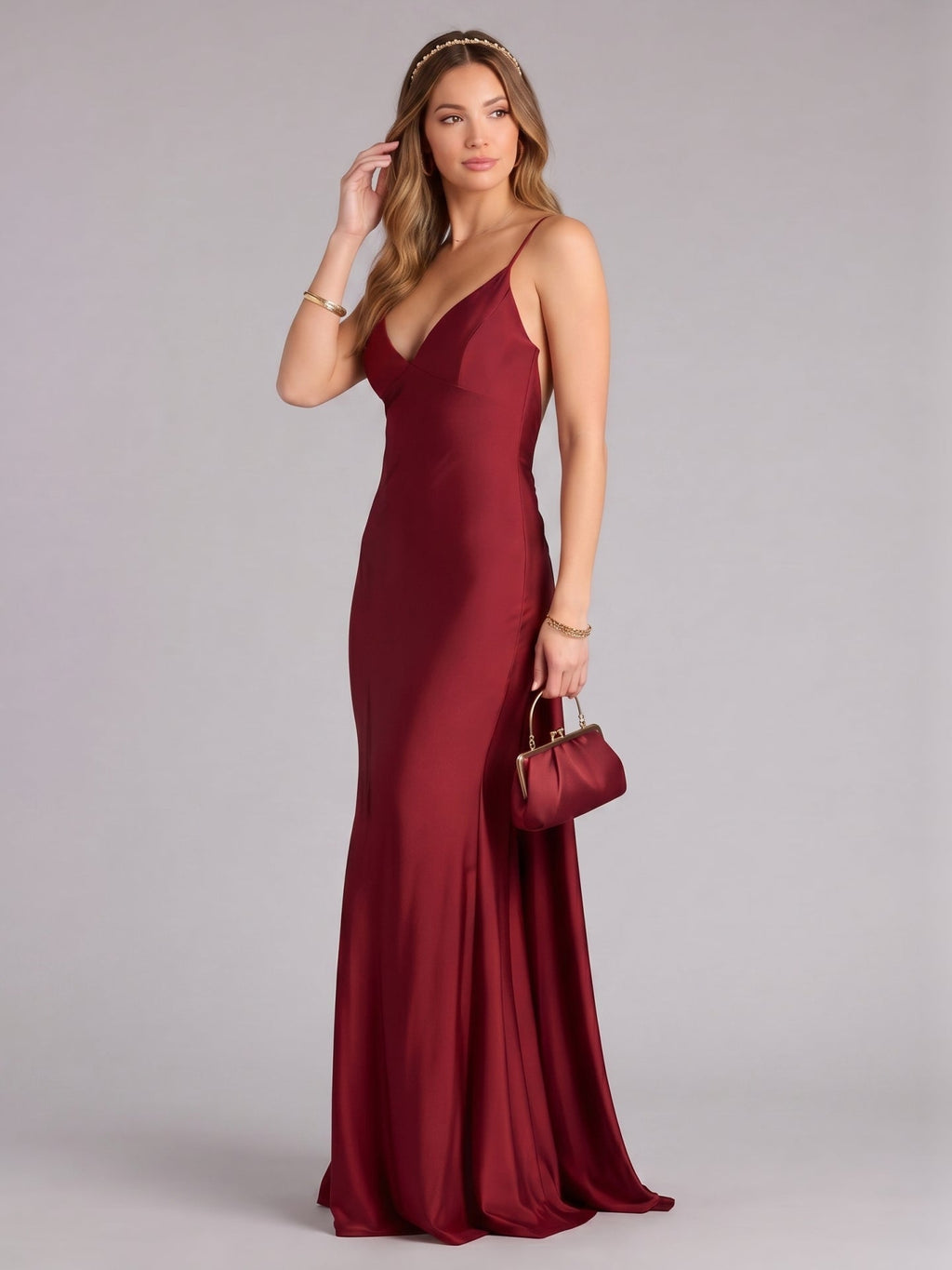 Beautiful Back Burgundy Satin Mermaid V-Neck Backless Ankle-Length Bridesmaid Dress - Curvevia