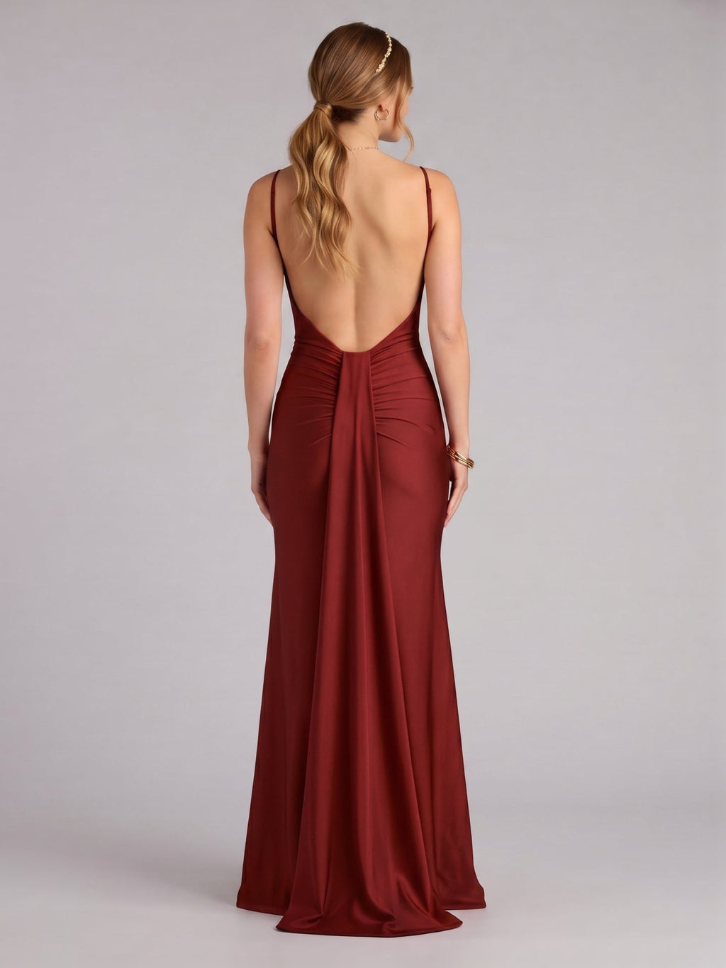 Beautiful Back Burgundy Satin Mermaid V-Neck Backless Ankle-Length Bridesmaid Dress - Curvevia