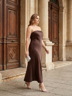 Beautiful Back Espresso Satin Sheath Straight Neck Backless Ankle-Length Bridesmaid Dress - Curvevia