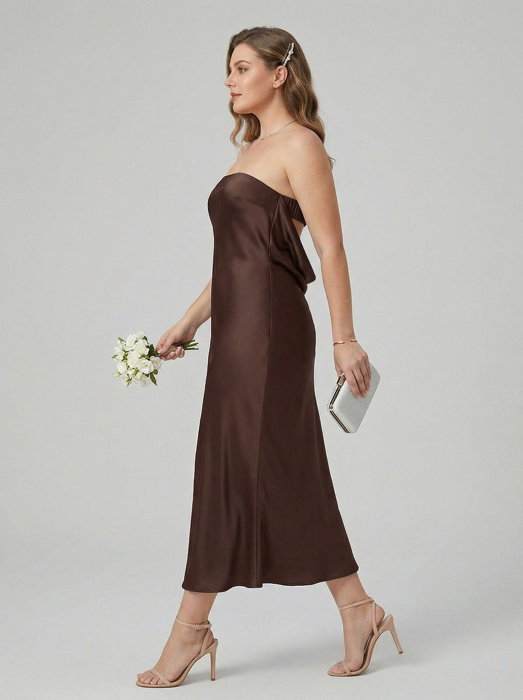 Beautiful Back Espresso Satin Sheath Straight Neck Backless Ankle-Length Bridesmaid Dress - Curvevia
