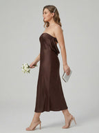 Beautiful Back Espresso Satin Sheath Straight Neck Backless Ankle-Length Bridesmaid Dress - Curvevia