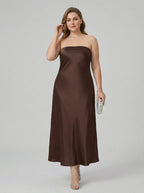 Beautiful Back Espresso Satin Sheath Straight Neck Backless Ankle-Length Bridesmaid Dress - Curvevia