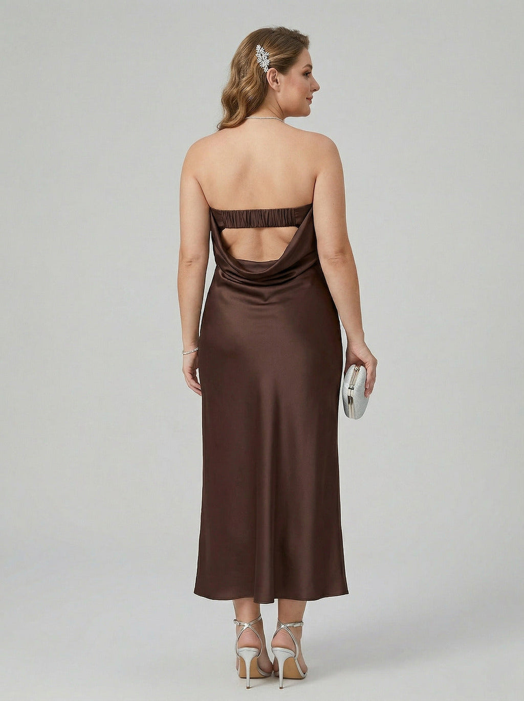Beautiful Back Espresso Satin Sheath Straight Neck Backless Ankle-Length Bridesmaid Dress - Curvevia