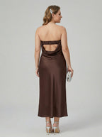 Beautiful Back Espresso Satin Sheath Straight Neck Backless Ankle-Length Bridesmaid Dress - Curvevia
