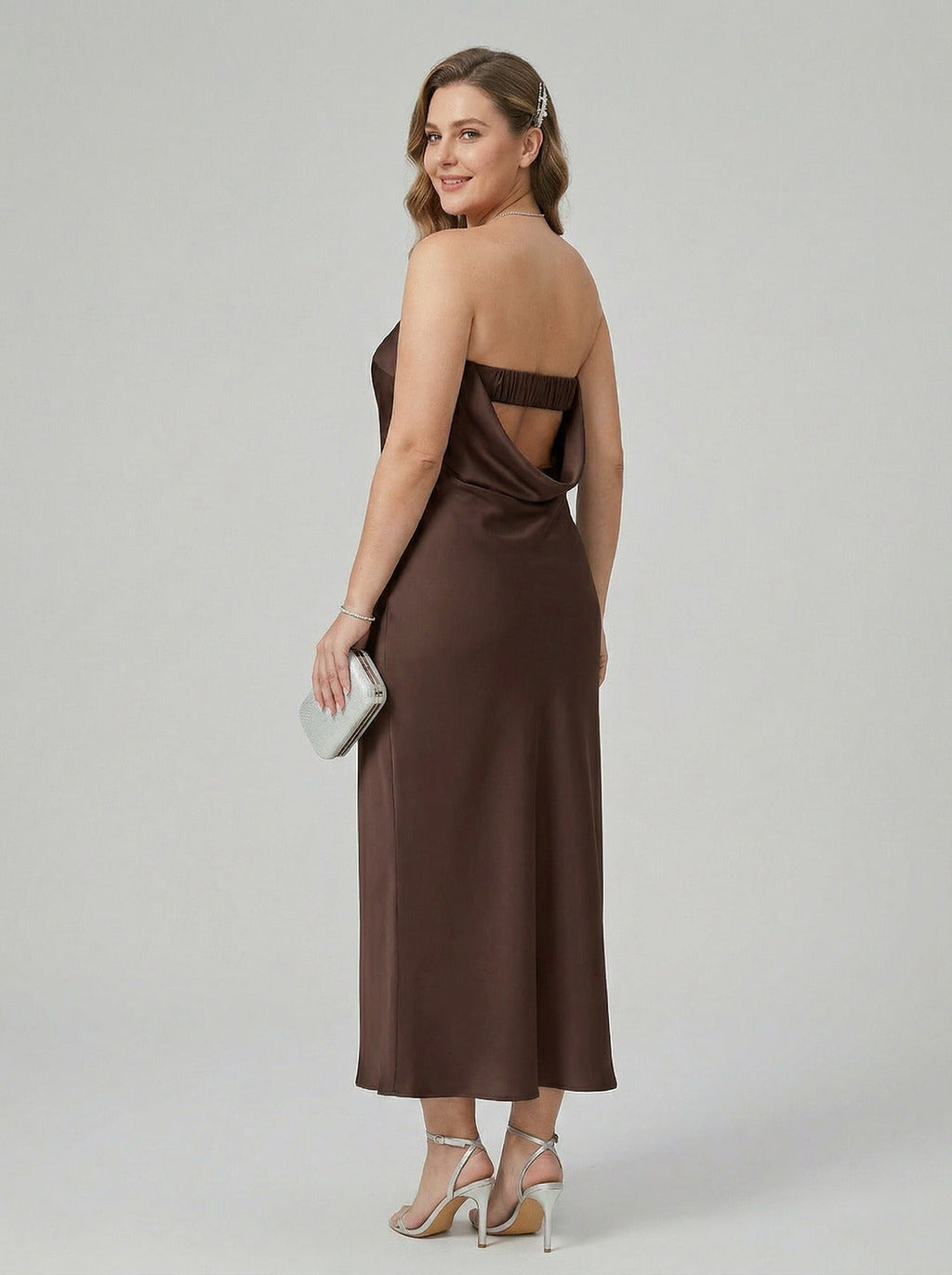 Beautiful Back Espresso Satin Sheath Straight Neck Backless Ankle-Length Bridesmaid Dress - Curvevia