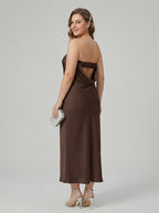 Beautiful Back Espresso Satin Sheath Straight Neck Backless Ankle-Length Bridesmaid Dress - Curvevia