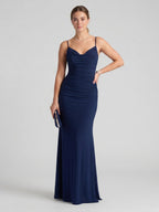 Beautiful Back Navy Blue Stretch Knit Mermaid Cowl Neck Backless Ankle-Length Bridesmaid Dress - Curvevia