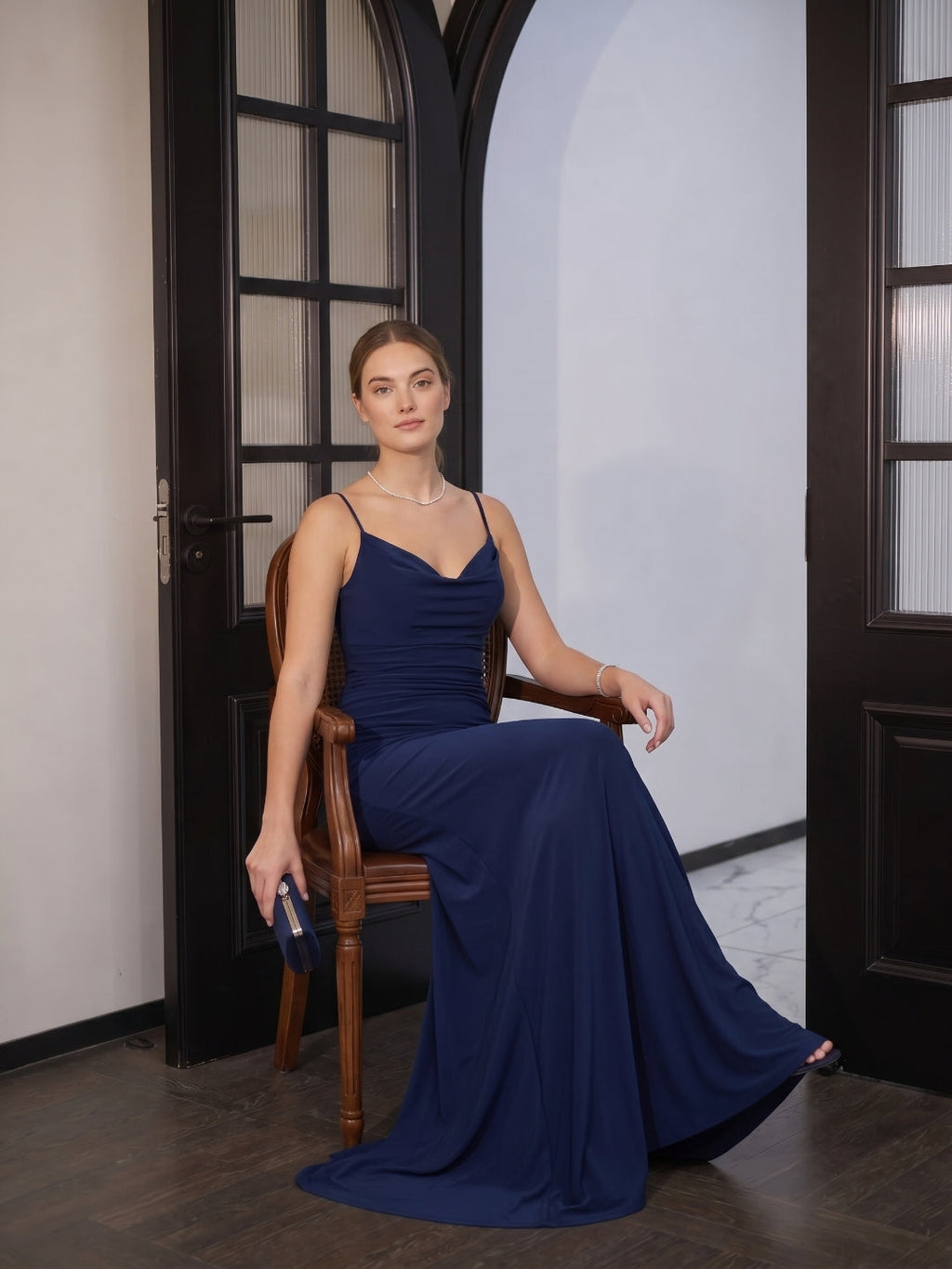 Beautiful Back Navy Blue Stretch Knit Mermaid Cowl Neck Backless Ankle-Length Bridesmaid Dress - Curvevia