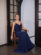 Beautiful Back Navy Blue Stretch Knit Mermaid Cowl Neck Backless Ankle-Length Bridesmaid Dress - Curvevia