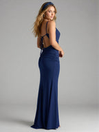 Beautiful Back Navy Blue Stretch Knit Mermaid Cowl Neck Backless Ankle-Length Bridesmaid Dress - Curvevia