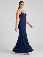 Beautiful Back Navy Blue Stretch Knit Mermaid Cowl Neck Backless Ankle-Length Bridesmaid Dress - Curvevia
