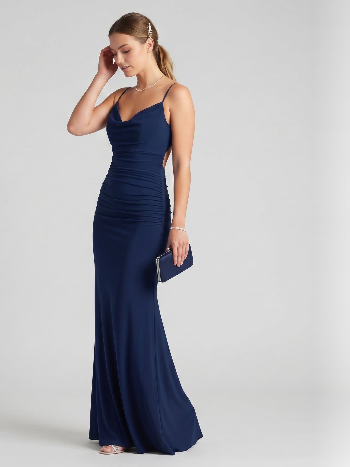 Beautiful Back Navy Blue Stretch Knit Mermaid Cowl Neck Backless Ankle-Length Bridesmaid Dress - Curvevia