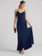 Beautiful Back Navy Blue Stretch Knit Mermaid Cowl Neck Backless Ankle-Length Bridesmaid Dress - Curvevia