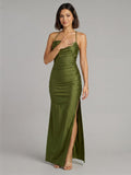 Beautiful Back Olive Green Stretch Knit column Halter neckline Backless Ankle-Length Bridesmaid Dress - Curvevia