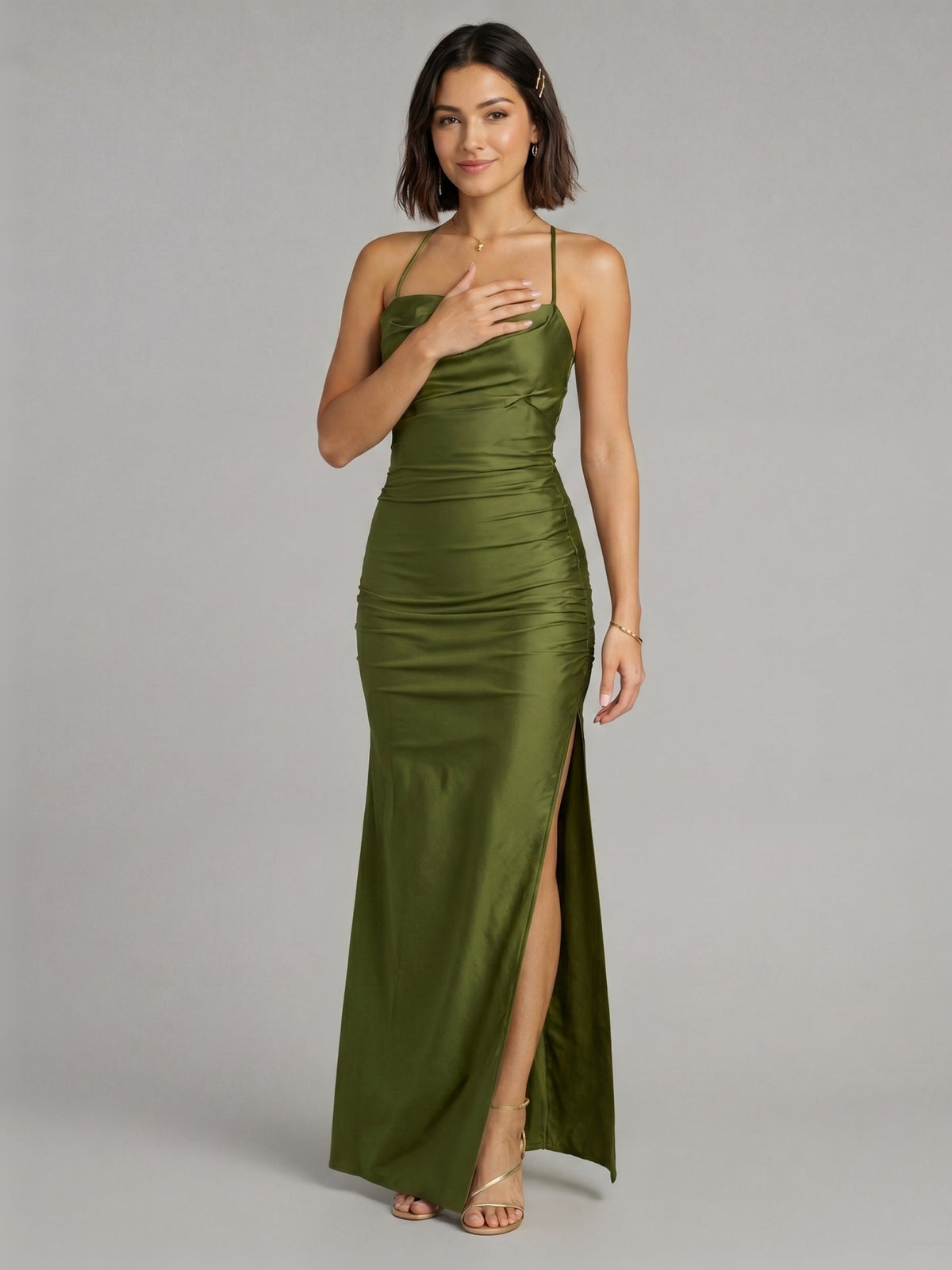 Beautiful Back Olive Green Stretch Knit column Halter neckline Backless Ankle-Length Bridesmaid Dress - Curvevia