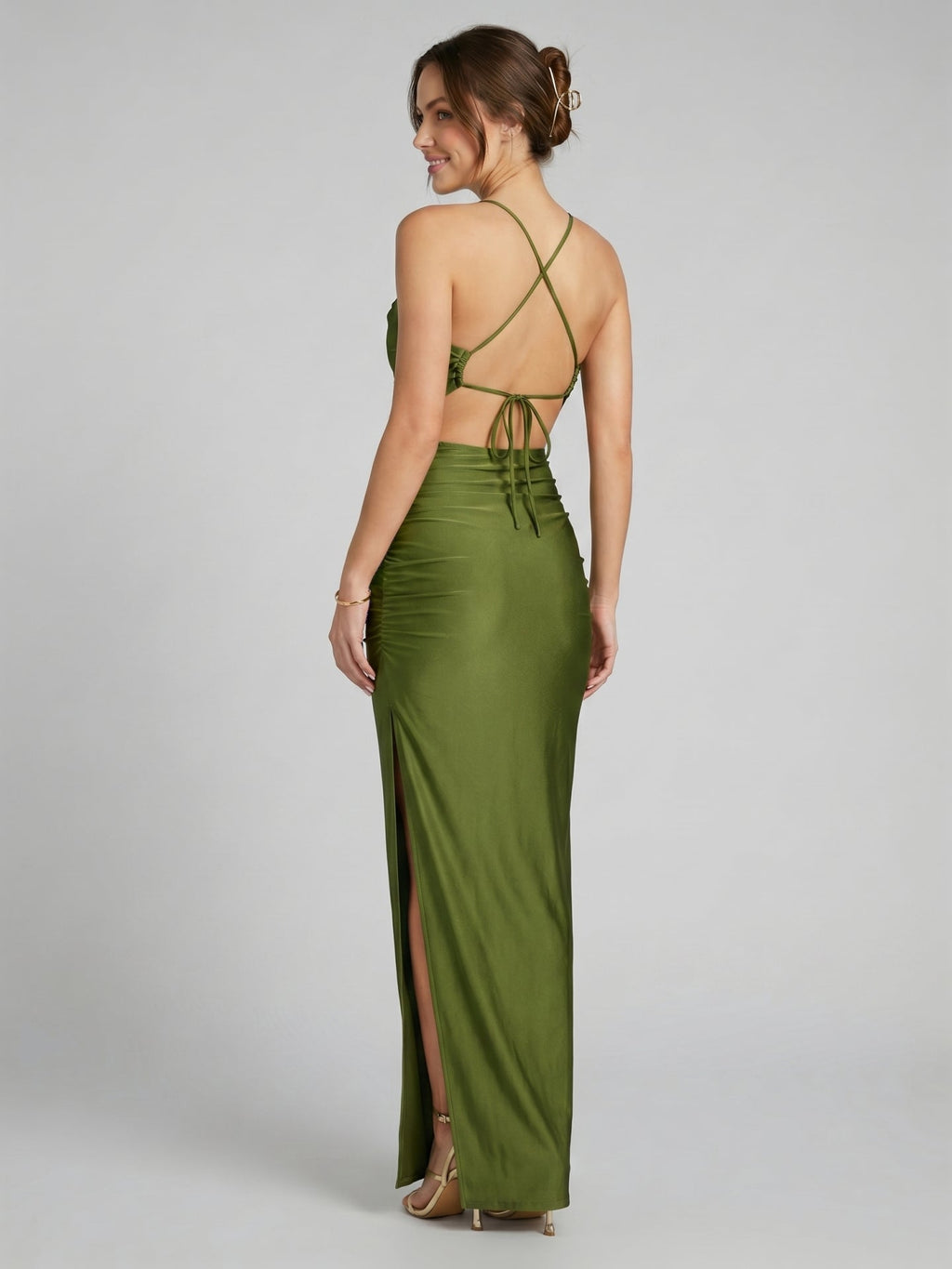 Beautiful Back Olive Green Stretch Knit column Halter neckline Backless Ankle-Length Bridesmaid Dress - Curvevia