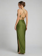 Beautiful Back Olive Green Stretch Knit column Halter neckline Backless Ankle-Length Bridesmaid Dress - Curvevia