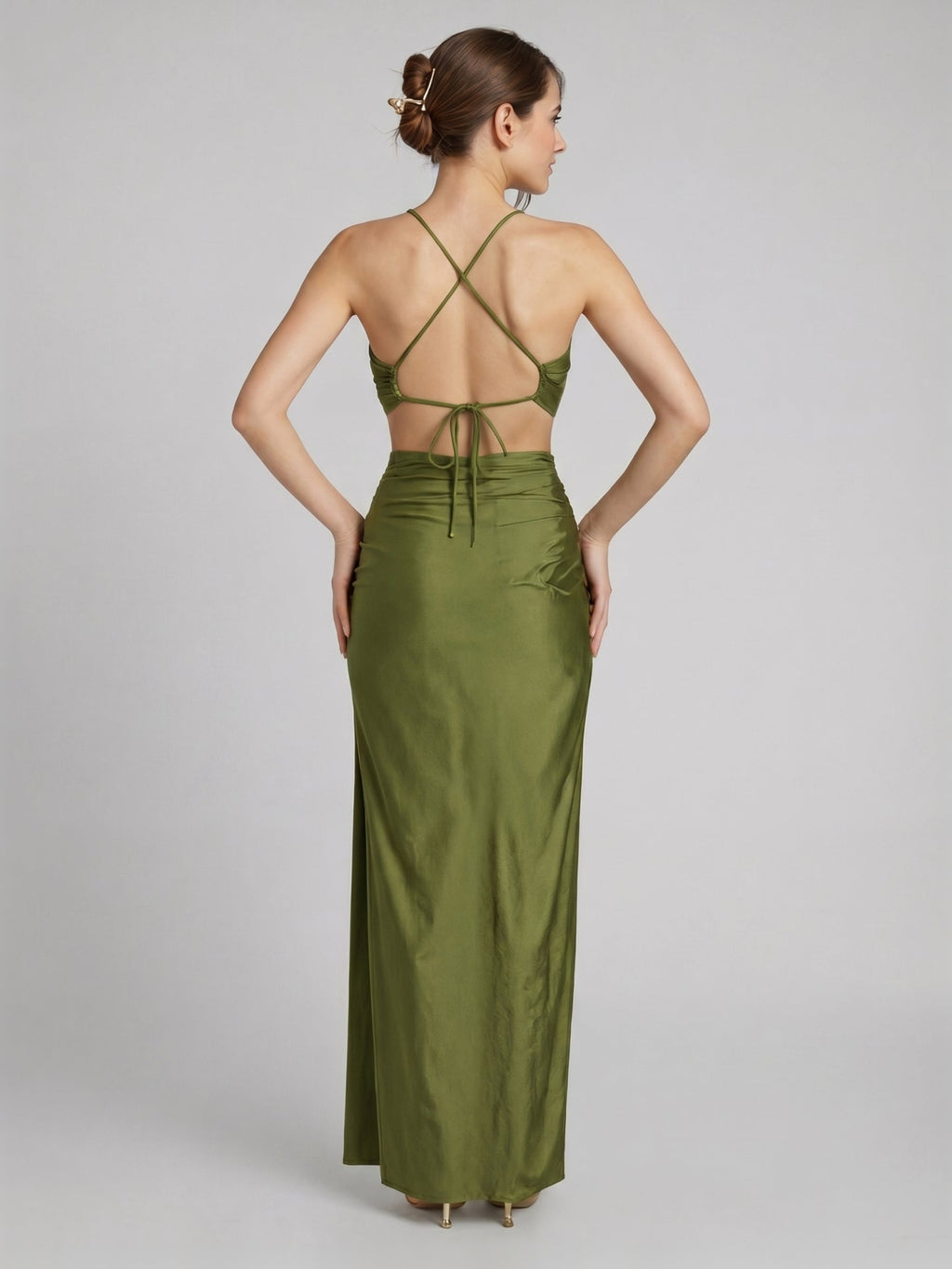 Beautiful Back Olive Green Stretch Knit column Halter neckline Backless Ankle-Length Bridesmaid Dress - Curvevia