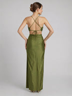 Beautiful Back Olive Green Stretch Knit column Halter neckline Backless Ankle-Length Bridesmaid Dress - Curvevia
