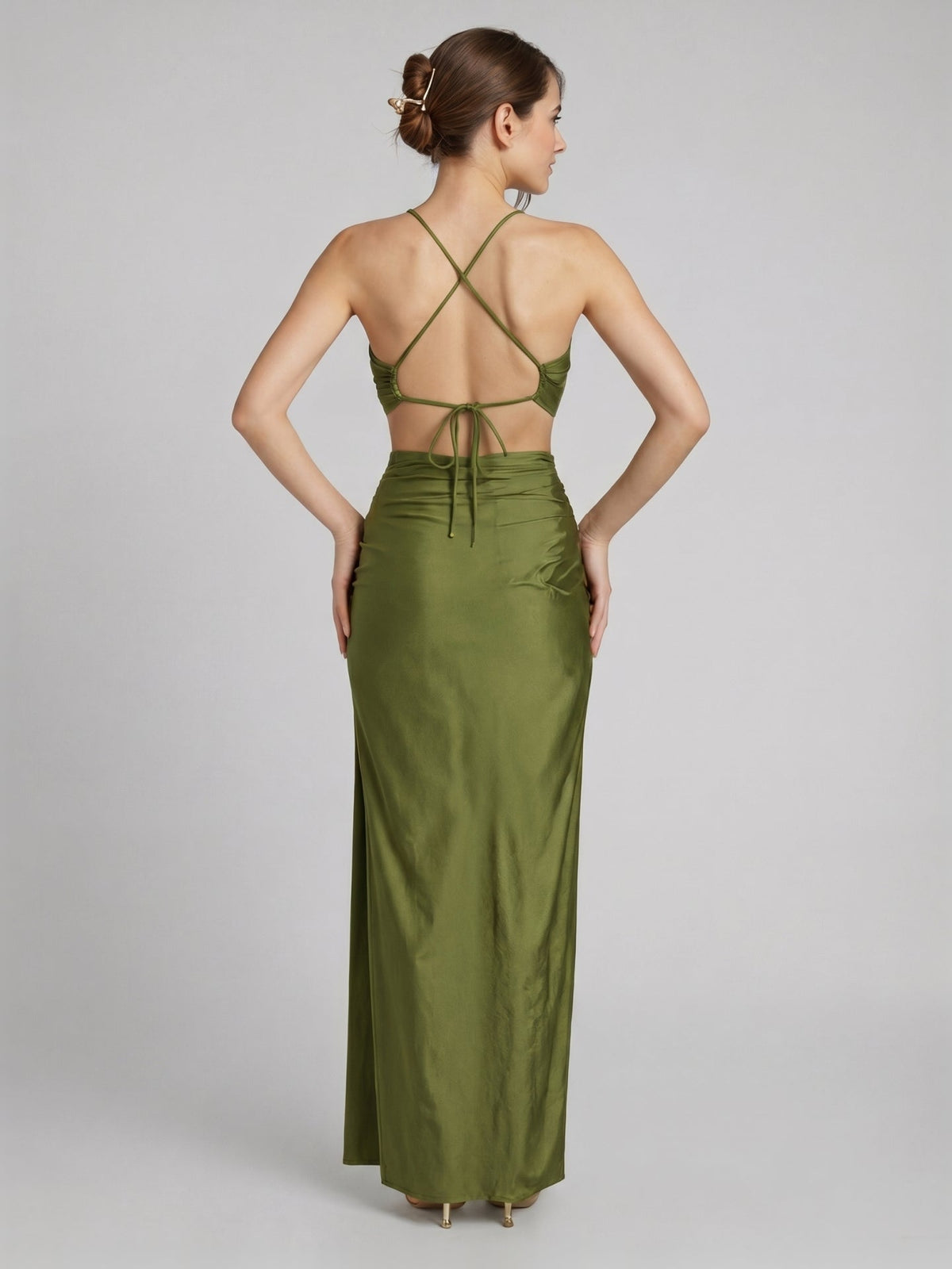 Beautiful Back Olive Green Stretch Knit column Halter neckline Backless Ankle-Length Bridesmaid Dress - Curvevia
