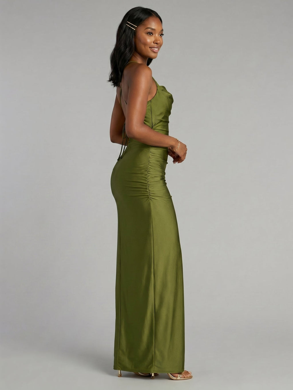 Beautiful Back Olive Green Stretch Knit column Halter neckline Backless Ankle-Length Bridesmaid Dress - Curvevia