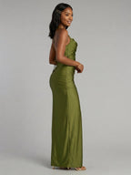 Beautiful Back Olive Green Stretch Knit column Halter neckline Backless Ankle-Length Bridesmaid Dress - Curvevia