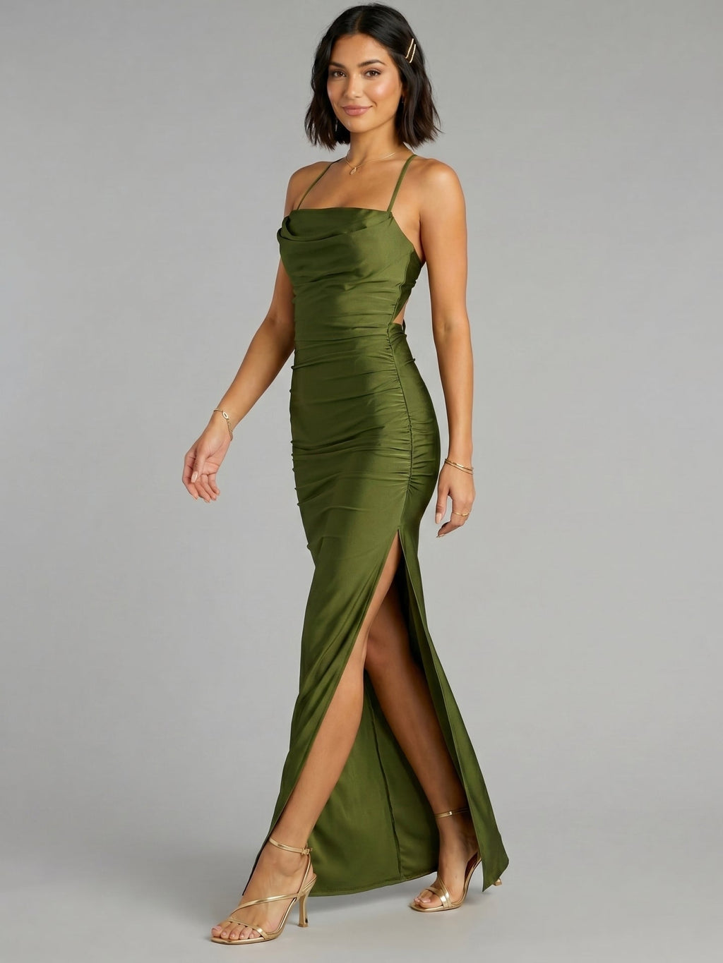 Beautiful Back Olive Green Stretch Knit column Halter neckline Backless Ankle-Length Bridesmaid Dress - Curvevia