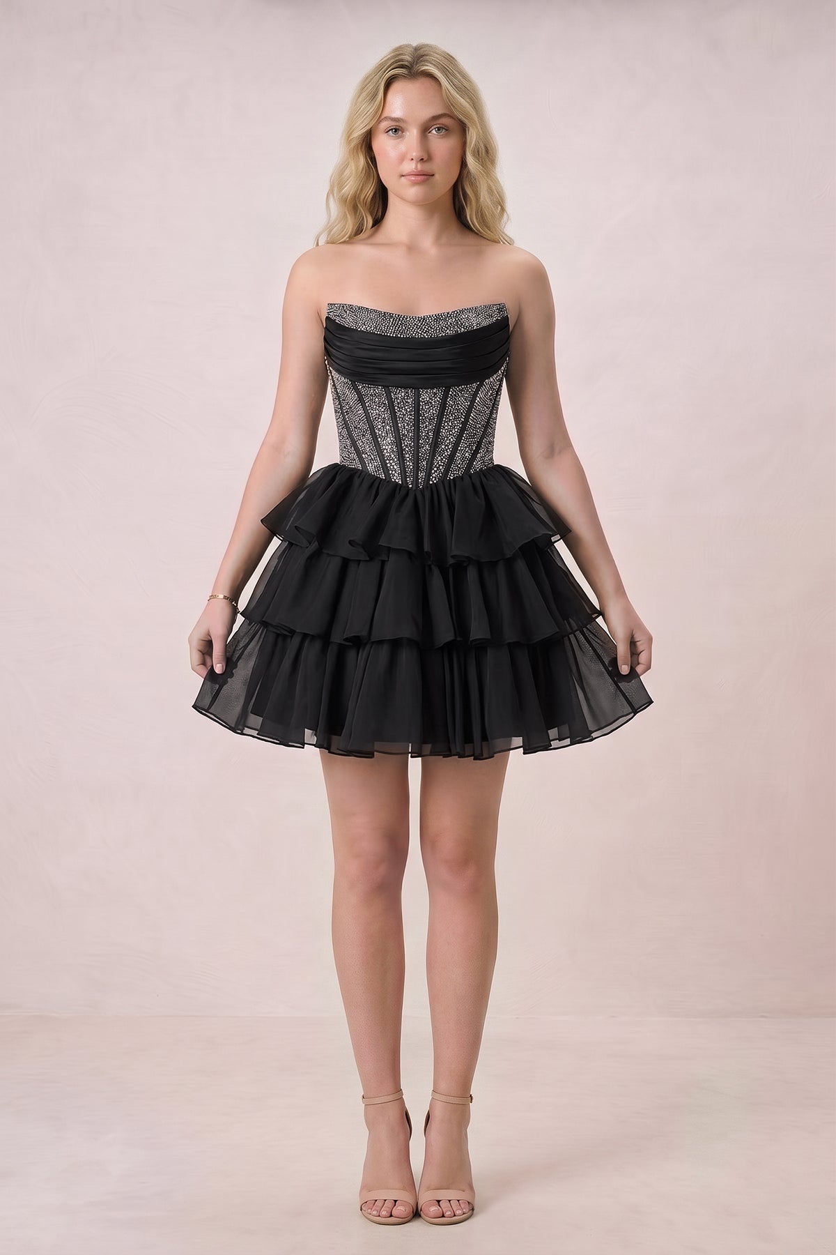 Black Strapless A Line Chiffon Beaded Mini Wedding Guest Dress With Ruffles - Curvevia