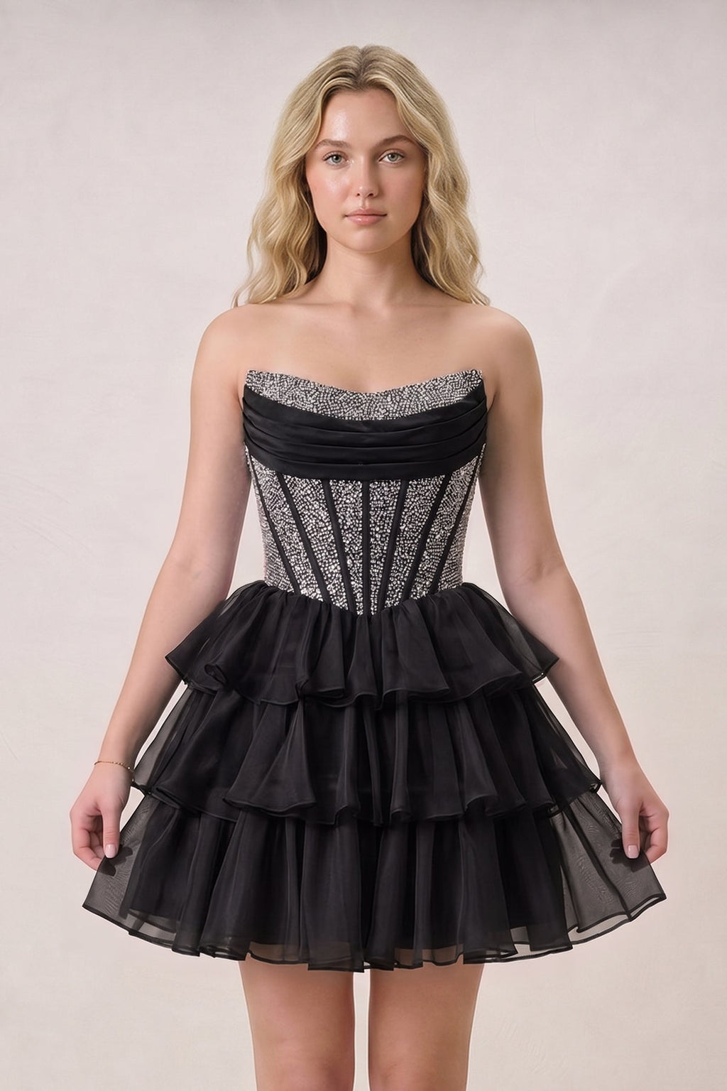Black Strapless A Line Chiffon Beaded Mini Wedding Guest Dress With Ruffles - Curvevia