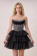 Black Strapless A Line Chiffon Beaded Mini Wedding Guest Dress With Ruffles - Curvevia