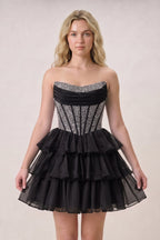 Black Strapless A Line Chiffon Beaded Mini Wedding Guest Dress With Ruffles - Curvevia