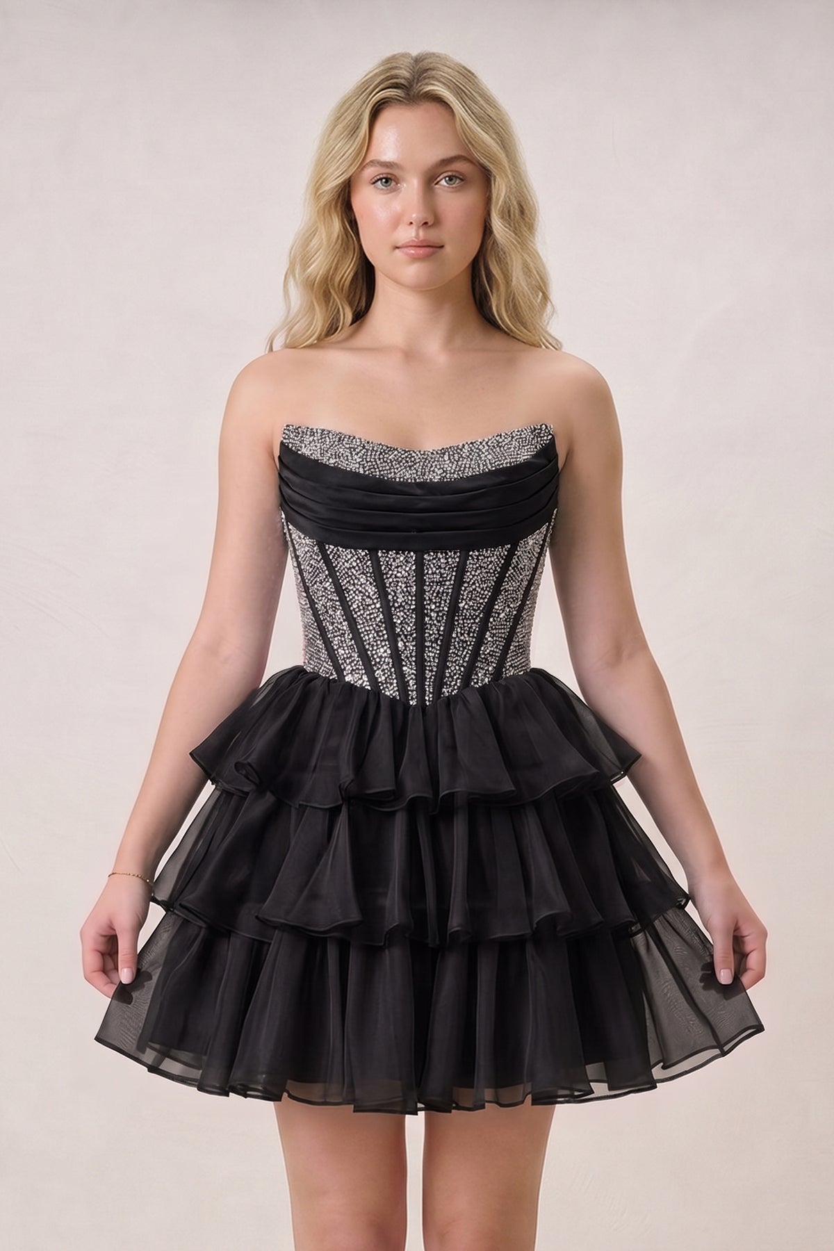 Black Strapless A Line Chiffon Beaded Mini Wedding Guest Dress With Ruffles - Curvevia