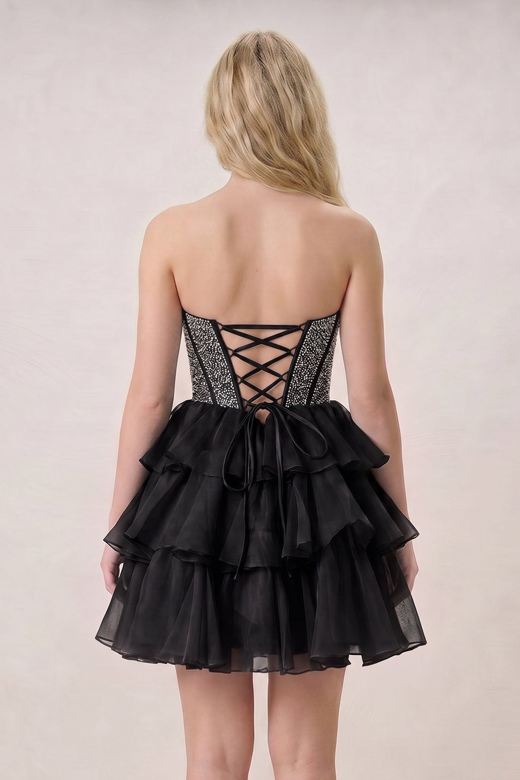 Black Strapless A Line Chiffon Beaded Mini Wedding Guest Dress With Ruffles - Curvevia