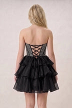 Black Strapless A Line Chiffon Beaded Mini Wedding Guest Dress With Ruffles - Curvevia