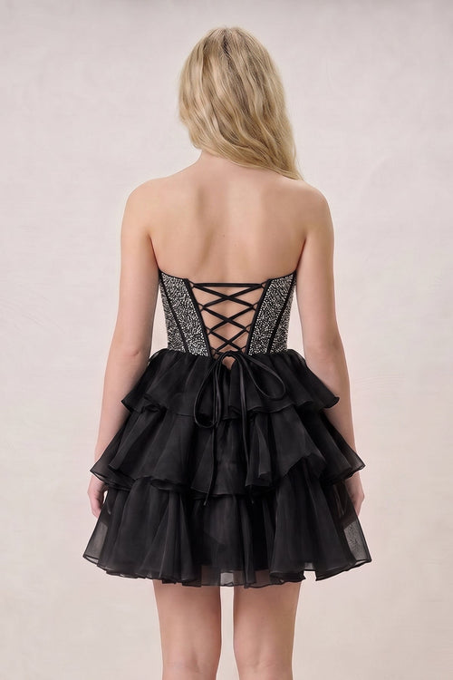 Black Strapless A Line Chiffon Beaded Mini Wedding Guest Dress With Ruffles - Curvevia
