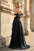 Peacock Off The Shoulder A Line Chiffon Pleated Long Evening Dress With Slit - Curvevia