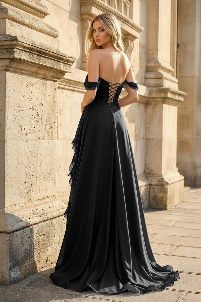 Peacock Off The Shoulder A Line Chiffon Pleated Long Evening Dress With Slit - Curvevia