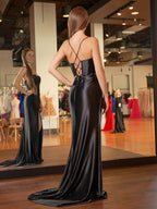 Spaghetti Straps Satin Mermaid Prom Dress with Slit - Curvevia
