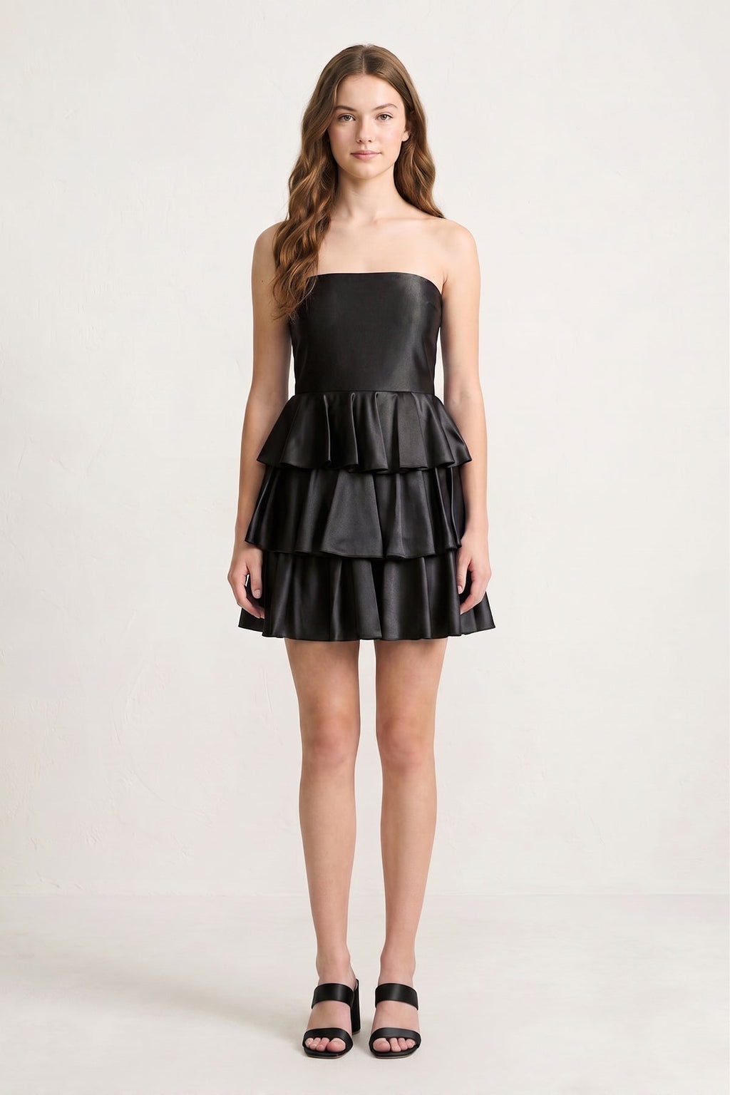 Navy Blue Strapless A Line Satin Ruffle Short Wedding Guest Dress - Curvevia