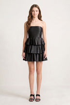 Navy Blue Strapless A Line Satin Ruffle Short Wedding Guest Dress - Curvevia