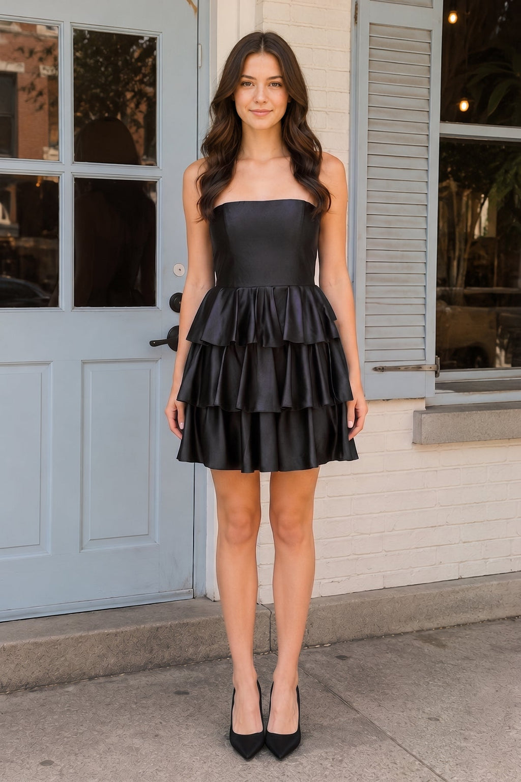 Navy Blue Strapless A Line Satin Ruffle Short Wedding Guest Dress - Curvevia