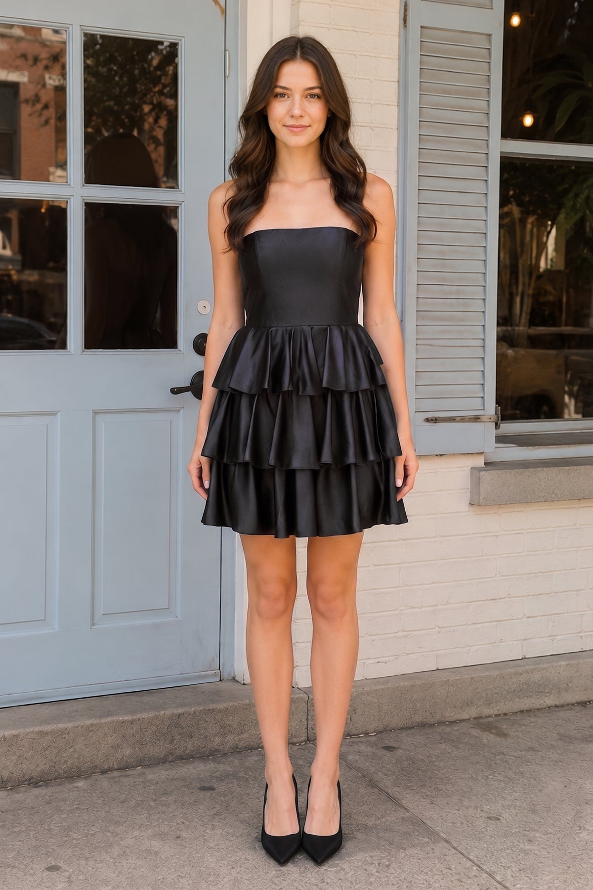 Navy Blue Strapless A Line Satin Ruffle Short Wedding Guest Dress - Curvevia