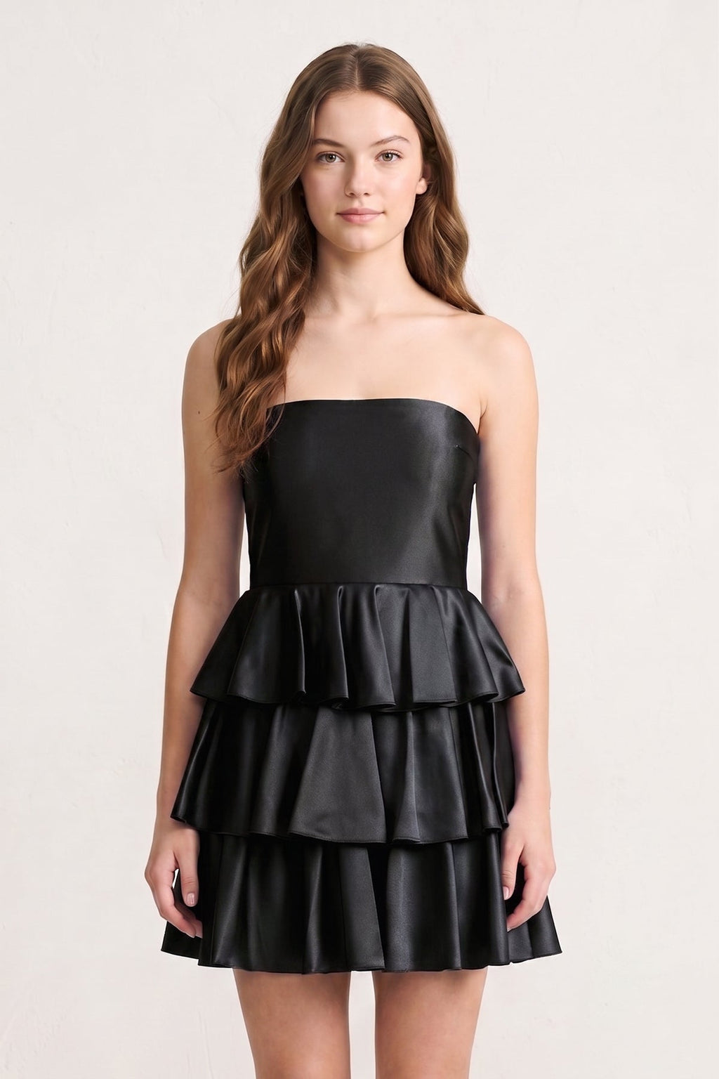 Navy Blue Strapless A Line Satin Ruffle Short Wedding Guest Dress - Curvevia