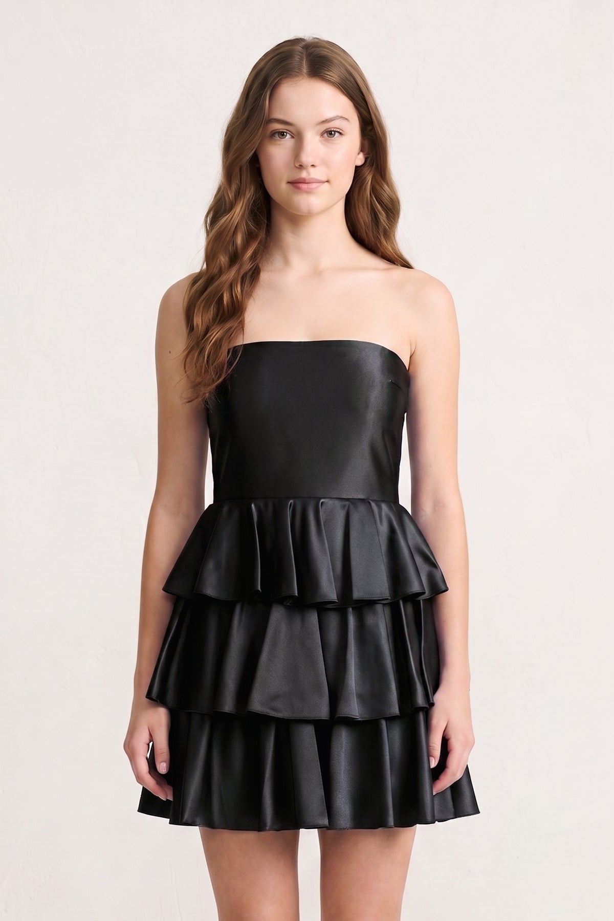 Navy Blue Strapless A Line Satin Ruffle Short Wedding Guest Dress - Curvevia