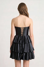 Navy Blue Strapless A Line Satin Ruffle Short Wedding Guest Dress - Curvevia