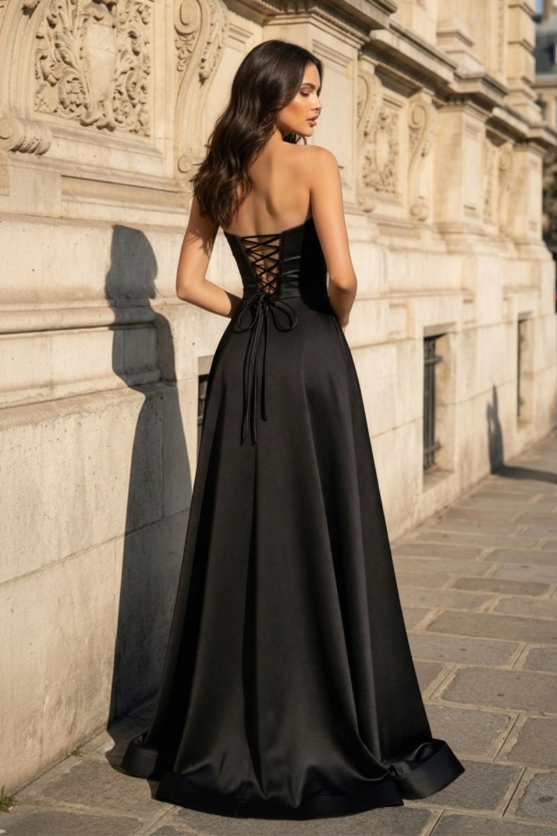 A Line Black Strapless Satin Evening Dress With Slit - Curvevia
