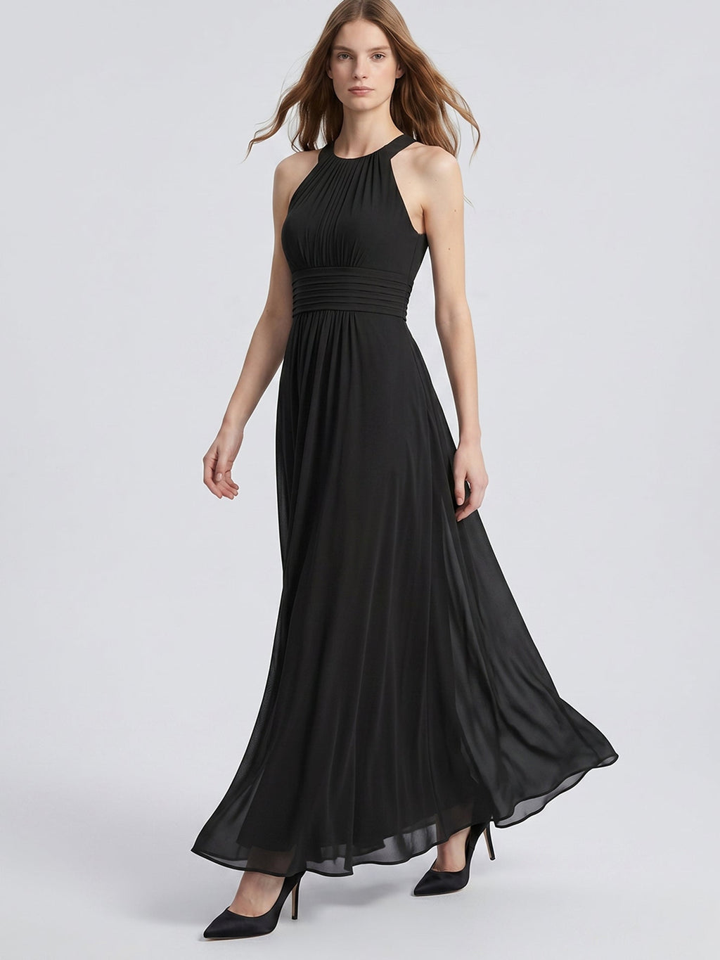 Black Chiffon A-Line Halter Back Zip Floor-Length Pleated Bridesmaid Dress - Curvevia