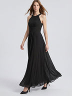 Black Chiffon A-Line Halter Back Zip Floor-Length Pleated Bridesmaid Dress - Curvevia