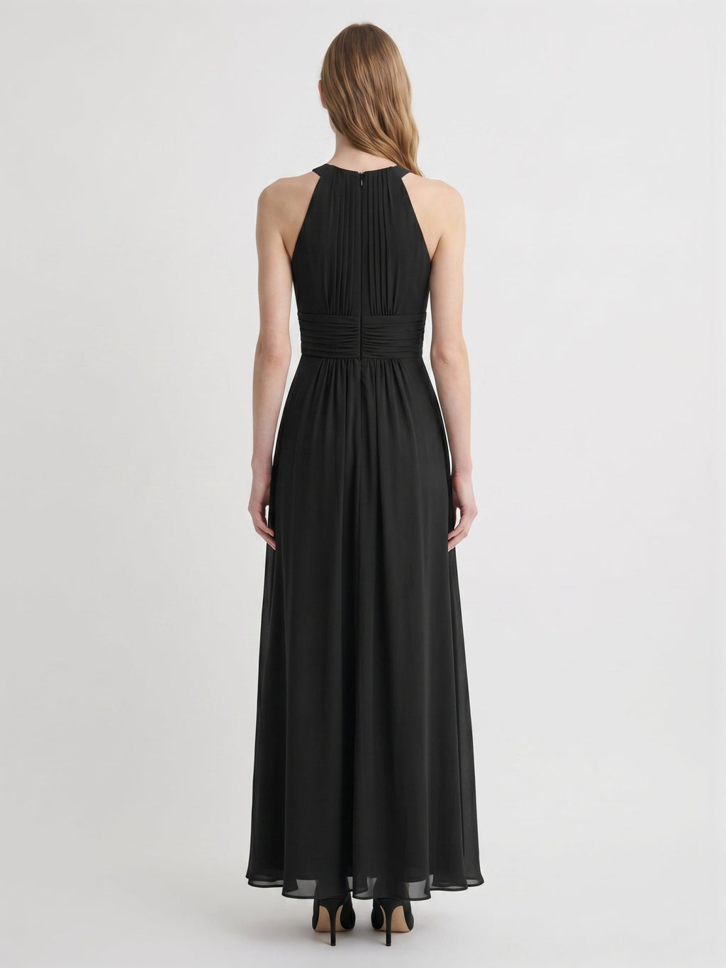 Black Chiffon A-Line Halter Back Zip Floor-Length Pleated Bridesmaid Dress - Curvevia